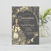 ゴールドグリッターのドレス、風船のグリッターキンセアラ 招待状 (スタンド正面)