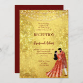 ゴールドグリッターのマロン色のダンシングカップルが迎える披露宴 招待状 (正面/裏面)