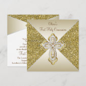 ゴールドグリッターの初めての聖体拝領 招待状 (正面/裏面)