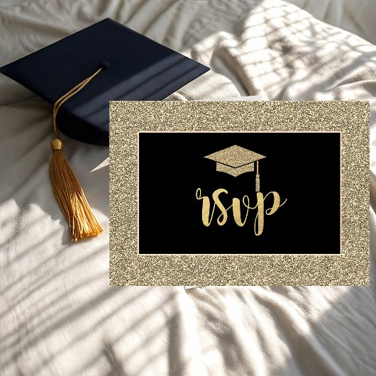 ゴールドグリッターの卒業帽の卒業パーティー 出欠カード