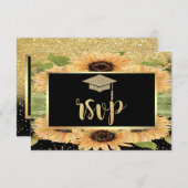 ゴールドグリッターの卒業帽、ひまわりの卒業パーティー 出欠カード (正面/裏面)