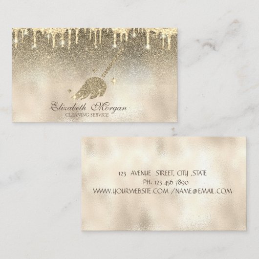 ゴールドグリッターほうきメイド掃除ハウス 名刺 (正面/裏面)