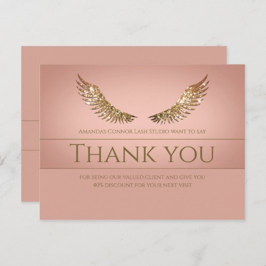 ゴールドグリッターまつげウィングス ありがとう割引 ピンク ポストカード (正面/裏面)