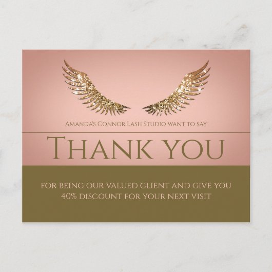 ゴールドグリッターまつげウィング ありがとう割引 ピンク ポストカード (正面)