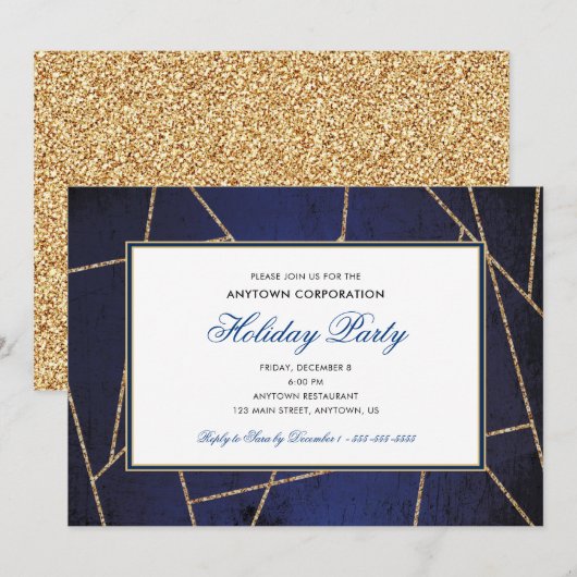 ゴールドグリッタークリスマス | ビジネスホリデーパーティー 招待状 (正面/裏面)