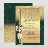 ゴールドグリッターグラス、バルーン グリーン 50歳の誕生日 招待状 (正面/裏面)