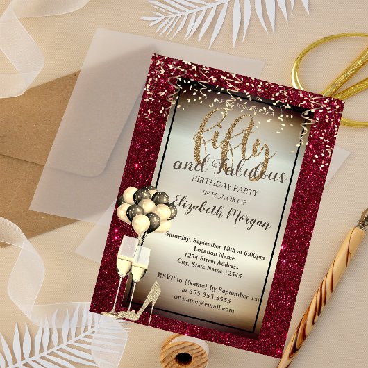ゴールドグリッターグラス、バルーン レッド 50歳の誕生日 招待状