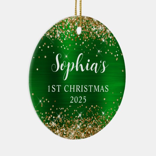ゴールドグリッターグリーン 偽のホイル 初めてのクリスマス写真 セラミックオーナメント (右)