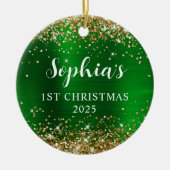 ゴールドグリッターグリーン 偽のホイル 初めてのクリスマス写真 セラミックオーナメント (正面)