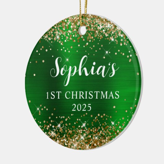 ゴールドグリッターグリーン 偽のホイル 初めてのクリスマス写真 セラミックオーナメント (左)