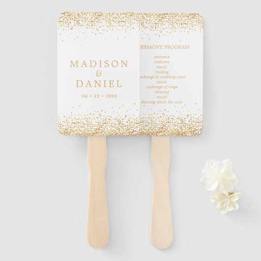 ゴールドグリッターコンフェッティ ウェディングセレモニープログラム ハンドファン (正面&裏面)