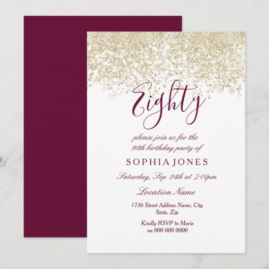ゴールドグリッターコンフェッティ バーガンディ 80歳の誕生日パーティー 招待状 (正面/裏面)