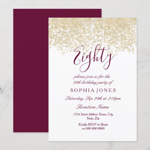 ゴールドグリッターコンフェッティ バーガンディ 80歳の誕生日パーティー 招待状