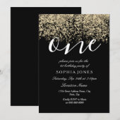 ゴールドグリッターコンフェッティ ブラック 1歳の誕生日パーティー 招待状 (正面/裏面)