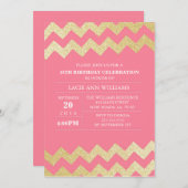 ゴールドグリッターシェブロンの誕生日パーティー | ピンク 招待状 (正面/裏面)