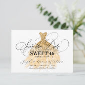 ゴールドグリッターシックドレス スイート16誕生日 セーブザデート (スタンド正面)