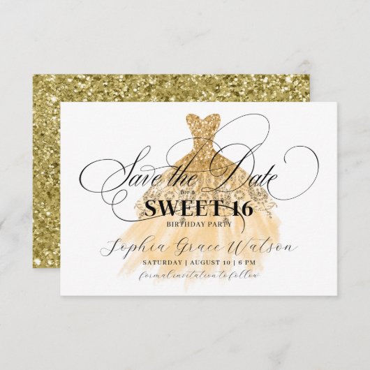 ゴールドグリッターシックドレス スイート16誕生日 セーブザデート (正面/裏面)