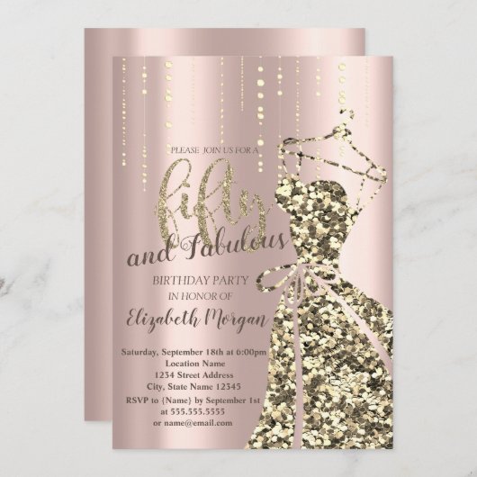 ゴールドグリッターシークインドレス 50歳の誕生日パーティー招待状 招待状 (正面/裏面)