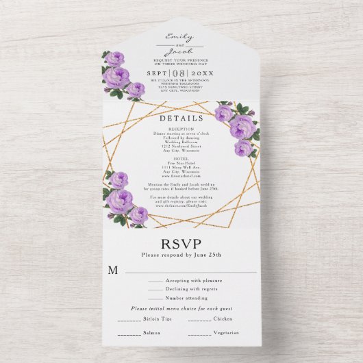 ゴールドグリッタージオパープルフラワーレディング詳細RSVP オールインワン招待状 (内側)