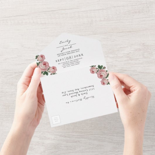 ゴールドグリッタージオピンクフラワーの結婚式の詳細 RSVP オールインワン招待状 (開いている状態)