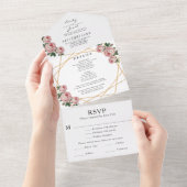 ゴールドグリッタージオピンクフラワーの結婚式の詳細 RSVP オールインワン招待状 (貼ってはがせる)