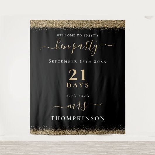 ゴールドグリッターデイズ ウェディングウェルカム ハーンパーティー ブラック タペストリー (正面)