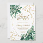 ゴールドグリッタートロピカルグリーン水彩 Sweet 16 招待状 (正面)