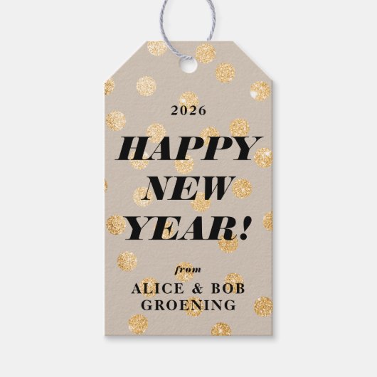 ゴールドグリッタードット現代カスタマイズ幸せな新年 ギフトタグ (正面)