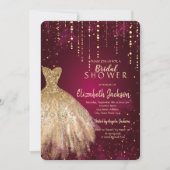 ゴールドグリッタードレス、コンフェッティバーガンディーの結婚式前祝い 招待状 (正面)