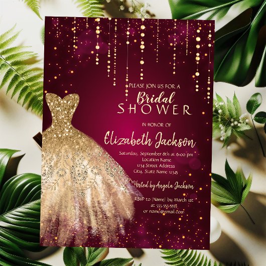 ゴールドグリッタードレス、コンフェッティバーガンディーの結婚式前祝い 招待状