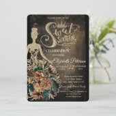 ゴールドグリッタードレス、ティアラ、ローズ ゴシック スイート16 招待状 (スタンド正面)