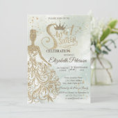 ゴールドグリッタードレス、ティアラ、水彩グリーンのスイート16 招待状 (スタンド正面)