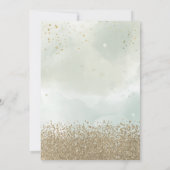 ゴールドグリッタードレス、ティアラ、水彩グリーンのスイート16 招待状 (裏面)