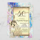 ゴールドグリッタードレス、風船、オパール 50歳の誕生日 招待状 (正面/裏面)