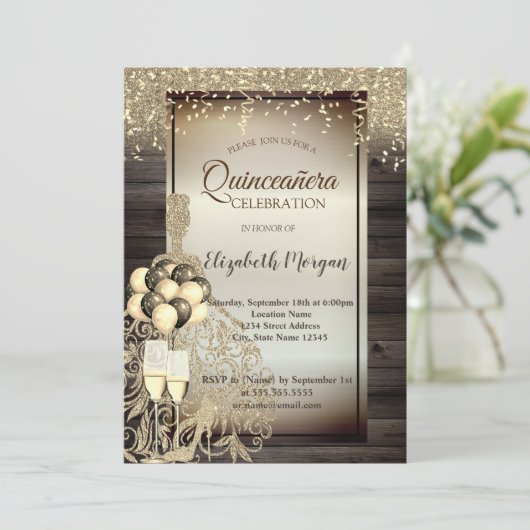 ゴールドグリッタードレス、風船、木のキンセアニエラ 招待状 (スタンド正面)