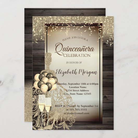 ゴールドグリッタードレス、風船、木のキンセアニエラ 招待状 (正面/裏面)