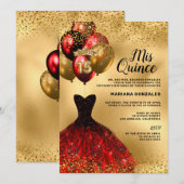 ゴールドグリッターバルーン ワインレッドドレスのキンセアニエラ 招待状 (正面/裏面)