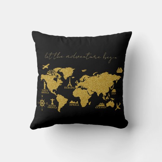ゴールドグリッター世界地図 - エレガントな黒の背景に輝く冒険 クッション (裏面)