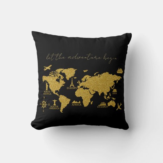 ゴールドグリッター世界地図 - エレガントな黒の背景に輝く冒険 クッション (正面)