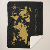 ゴールドグリッター世界地図 - エレガントな黒の背景に輝く冒険 シェルパブランケット (正面)