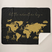 ゴールドグリッター世界地図 - エレガントな黒の背景に輝く冒険 シェルパブランケット (正面(横))