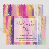 ゴールドグリッター付きレインボーストライプ新年会 招待状 (正面/裏面)