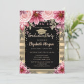 ゴールドグリッター卒業帽、ストライプの花 招待状 (スタンド正面)