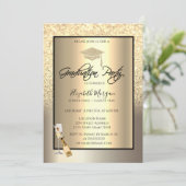 ゴールドグリッター卒業帽、ワイン、シャンパングラス 招待状 (スタンド正面)