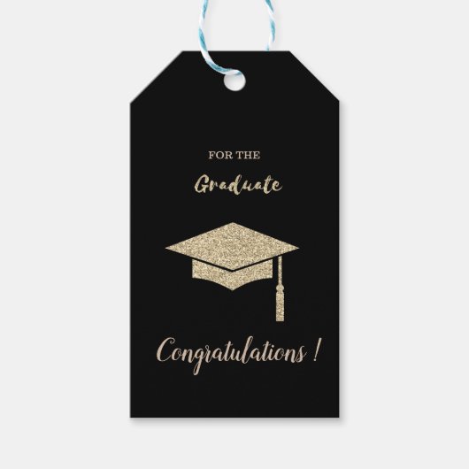 ゴールドグリッター卒業帽、卒業証書、卒業生 ギフトタグ (正面)