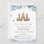 ゴールドグリッター城、青い花、星 招待状 (正面)