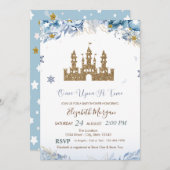ゴールドグリッター城、青い花、星 招待状 (正面/裏面)