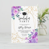 ゴールドグリッター紫の花の写真卒業 招待状 (スタンド正面)