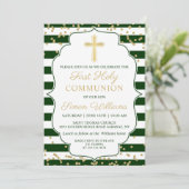 ゴールドグリッター緑のストライプの初めての聖体拝領 招待状 (スタンド正面)