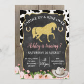 ゴールドグリッター花馬の誕生日招待状 招待状 (正面/裏面)